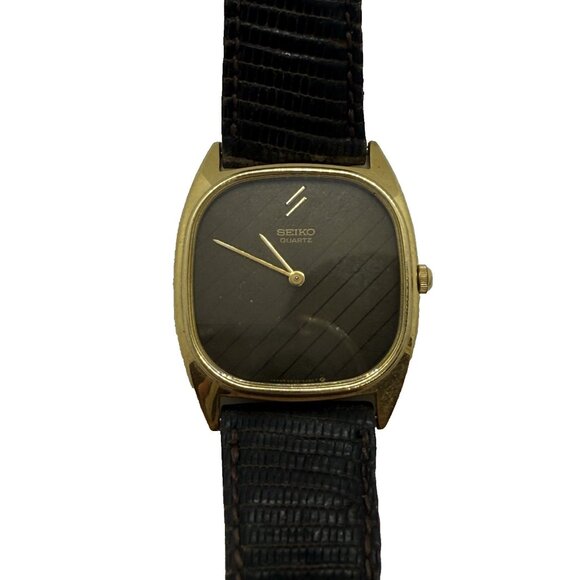 Seiko Quartz Square Mens Watch 6530-5170 RO Striped Gold Tone Brown Leather Band - Picture 1 of 7